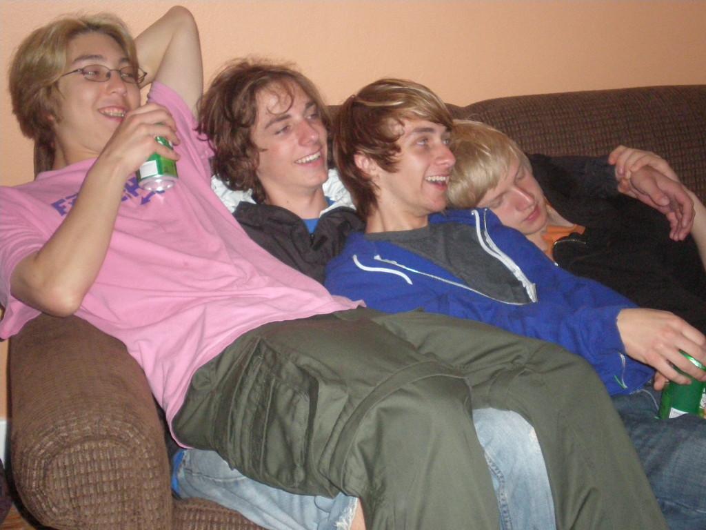 Ken Ball, Oliver Hill, Christian Koch, and Matias Hänninen snuggle up on the couch at Marions house to relax after the exhausting hunt around town.