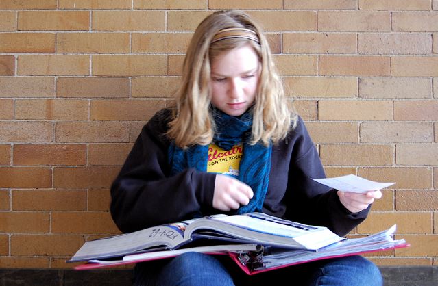 Hannah Shevrin, a Community High freshman, studies for her history final.