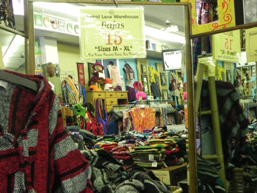 A mirror selling bajas looks into the warehouse.