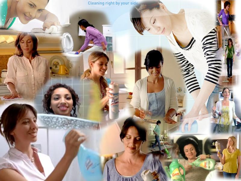 Images of women cleaning; a pervasive theme in advertising. All images taken from official websites and recent television commercials.