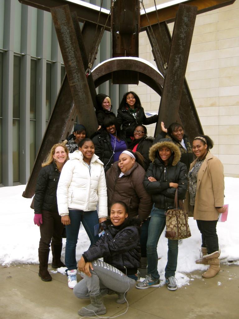 Members of Girls Group checking out the outdoor sculpture at the Ann Arbor Art Museum
