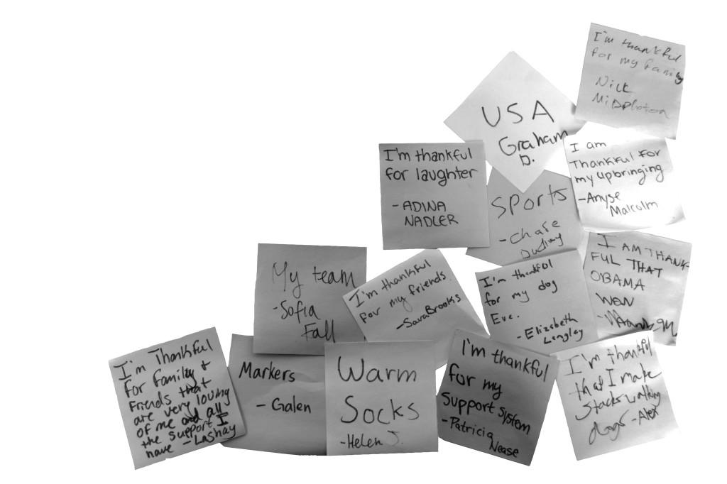 CHS students wrote on sticky notes, saying what they are thankful for. 