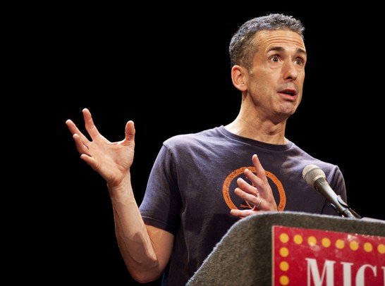 Dan Savage answers questions from the audience during his Dec. 2 talk at the Michigan Theater