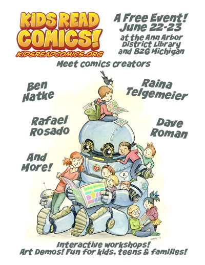 The Kids Read Comics poster for 2013, with art by featured artist Ben Hatke.