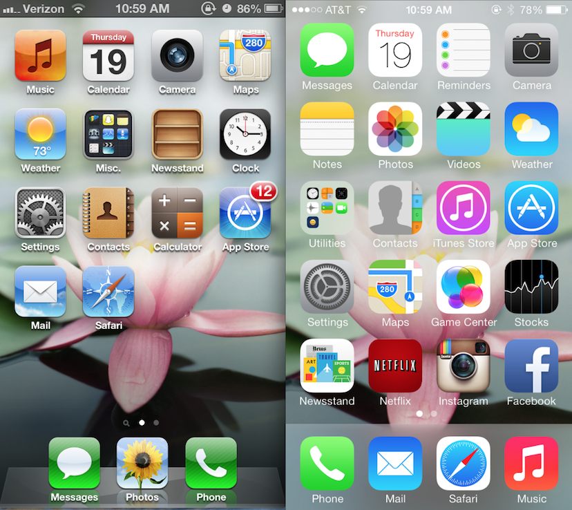 iOS 6 on left and iOS 7 on right.