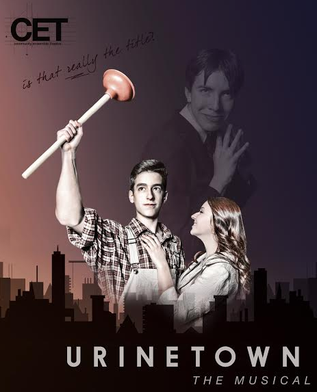 The URINETOWN poster, depicting hero Bobby Strong (Isaac Scobey-Thal, left), ingenue Hope Cladwell (Hannah Hesseltine, right), and corporate villain Caldwell B. Cladwell (Milo Tucker-Meyer, right-center).