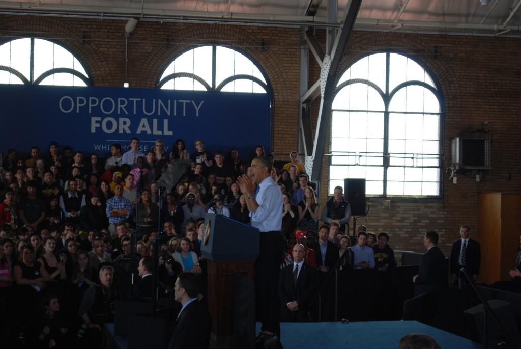 President Obama delivering his speech in the Intramural building. 