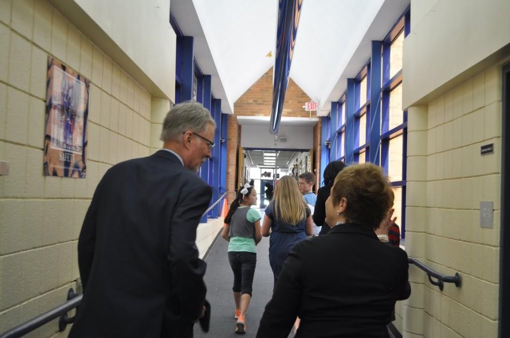 State Superintendent Mike Flanagan (left) and AAPS Superintendent Jeanice Swift (right) walk and talk inside Pattengill.  