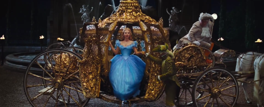 Ella (Lily James) steps out of the pumpkin carriage in Kenneth Branaghs Cinderella.