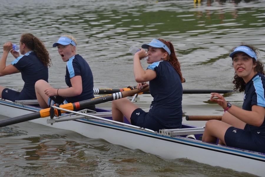 Womens novice 4+ comes back to land after finishing third in their competitive race.