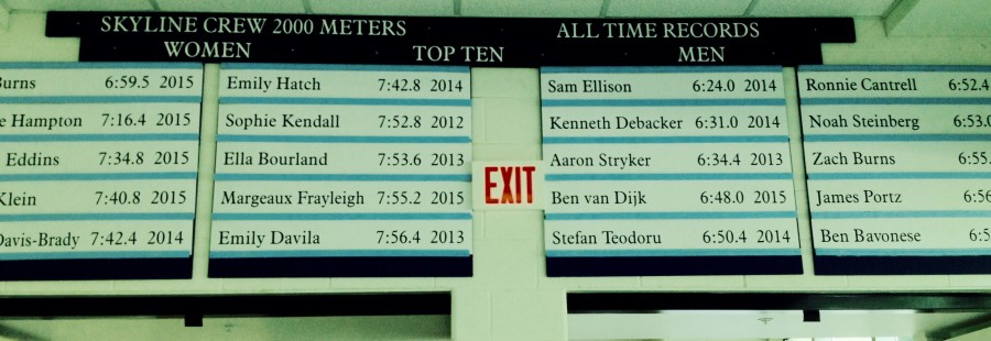 Skyline Crew Records Board sits above doors near Skyline Commons where rowers will erg during November through March.