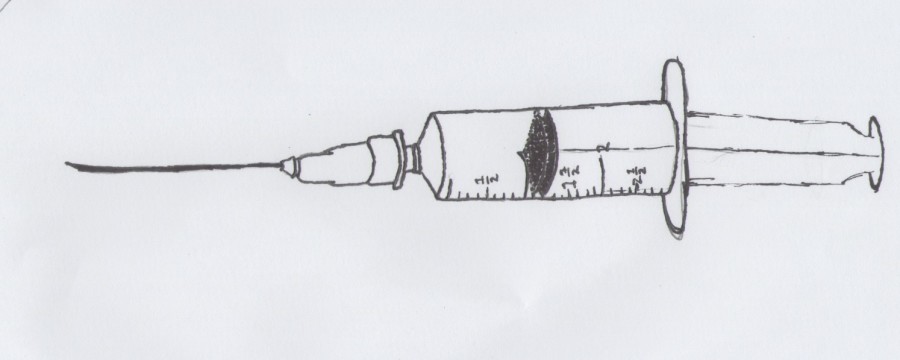 A drawing of a shot used to administer vaccines.