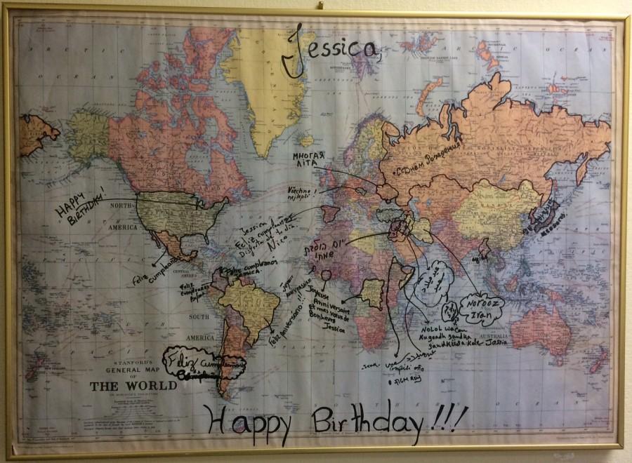 Jessica Vinter has worked with the program for five years and teaches Intermediate and Advanced classes. For her birthday she received this map as a gift from her students. Vinter said, Its a birthday card. Isnt it the greatest birthday card ever? They said happy birthday all around the world. So each of those countries is where my students are from. 