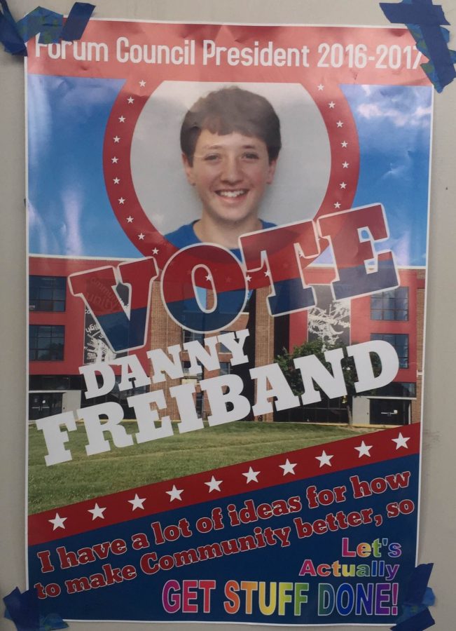A poster of presidential candidate Danny Freiband on a CHS hallways door.
