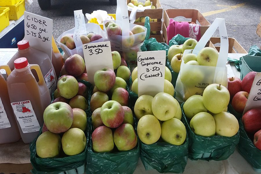 The Wolfe Orchard stand at the Ann Arbor Farmers Market has many varieties of apples. 