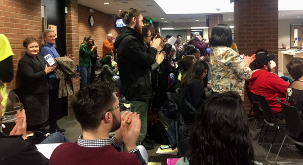 A standing ovation after words were spoken against Trump’s executive order regarding immigration.  The crowd stayed on their feet for minutes.

