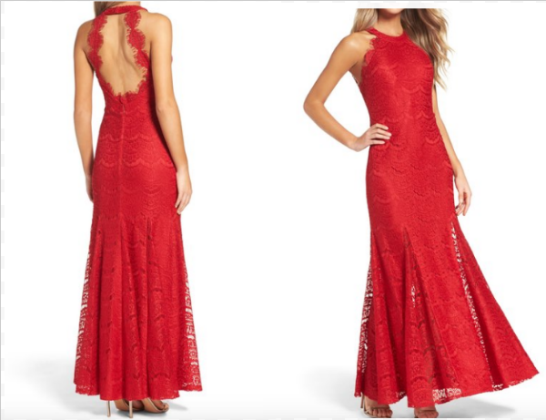 Price: $198.00
This beautiful dress has a open back showing off just enough. The brilliant color will look amazing on anyone rocking this dress.

http://shop.nordstrom.com/s/morgan-co-open-back-gown/4539542?origin=category-personalizedsort&amp;fashioncolor=RED 