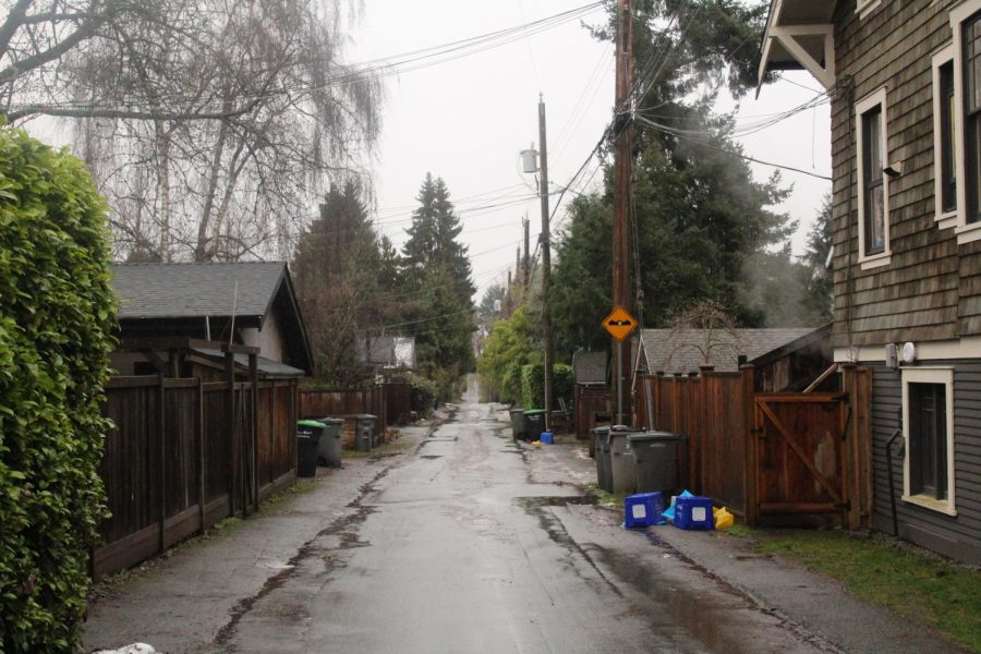 Grey clouds cover the sky above the damp alleyway. The garbage truck had just gone though the back road, splashing water on garbage cans and trash bags nearby.