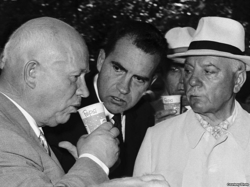 From left to right: Soviet Premier Khrushchev, Vice President Nixon, and Donald Kendall (later Pepsico president)