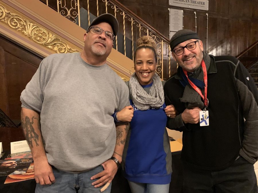 Left to right: Kevin Davis, Janelle Johnson and Steve Coron, preparing to go inside the theatre. Johnson made sure her forum got to sit in prime real estate watching the film.