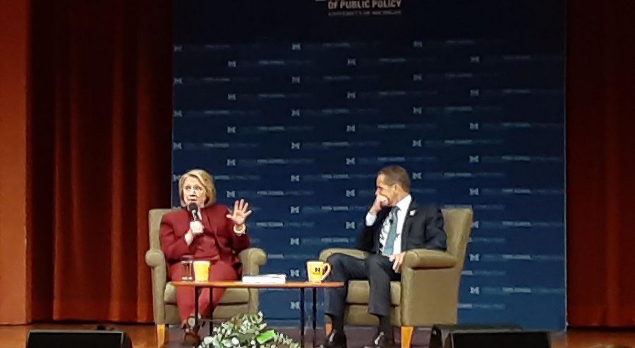 Hillary Clinton talking to Dean Barr. Clinton touched on topics including immigration, women's rights and impeachment during her interview.