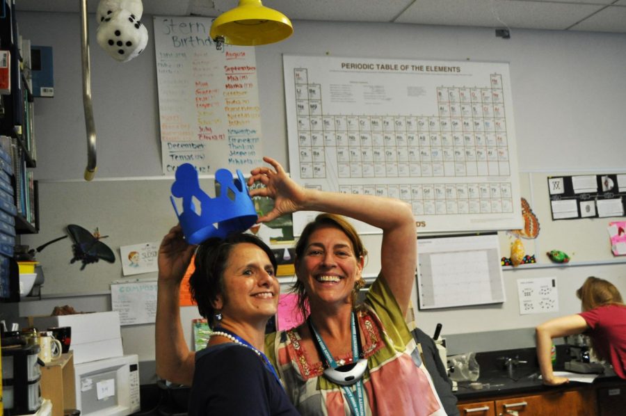 FOS teacher Liz Stern crowns Dean Marci Tuzinsky after the 1 p.m. announcement. Tuzinsky will travel to Washington, D.C. on Nov. 14 to receive the award from Secretary of Education Betsy Devos.