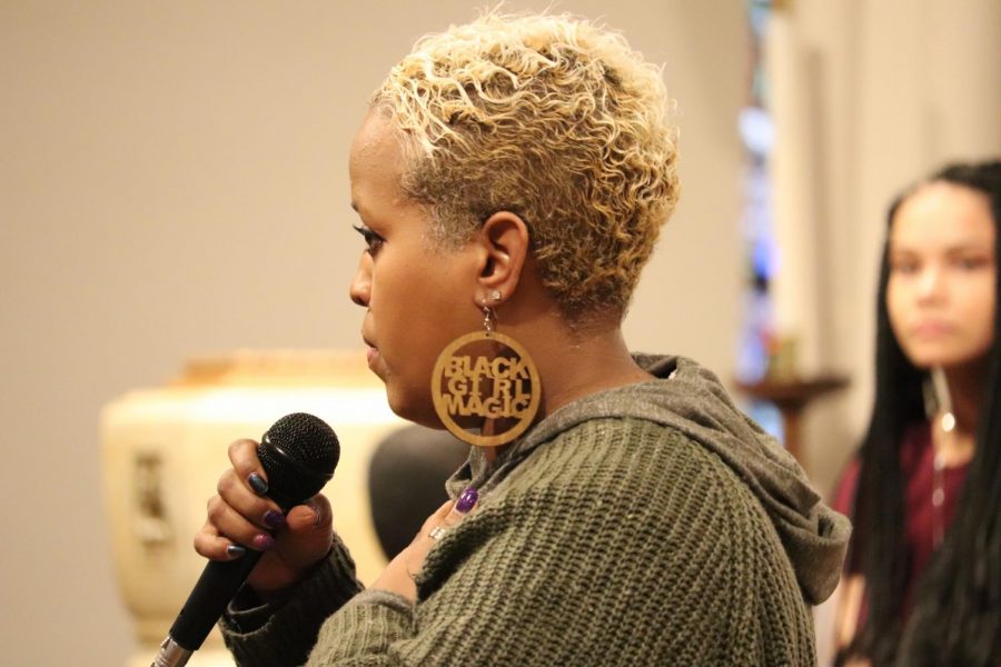 Guest+speaker+Yodit+Mesfin+Johnson+speaks+at+last+years+Martin+Luther+King+Assembly.+Johnson+echoes+the+Black+Student+Union+%28BSU%29+message+of+welcoming+all+in+her+monologue.+