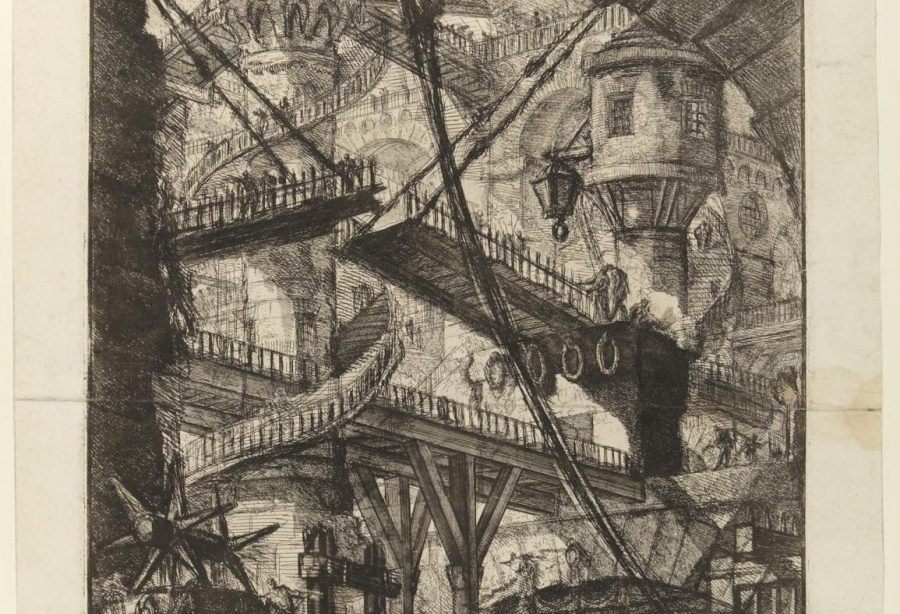 One of Giovanni Piranesis fictional prisons; the main inspiration for Piranesis imagery. 

The Drawbridge, 1761
Giovanni Battista Piranesi, Italian, 1720–1778
Etching
plate: 54.5 x 40.7 cm. (21 7/16 x 16 in.) sheet: 64 x 49.2 cm. (25 3/16 x 19 3/8 in.) frame: 77.5 × 62.2 × 2.5 cm (30 1/2 × 24 1/2 × 1 in.)
Princeton University Art Museum. Gift of Frank Jewett Mather Jr.
x1938-13 g