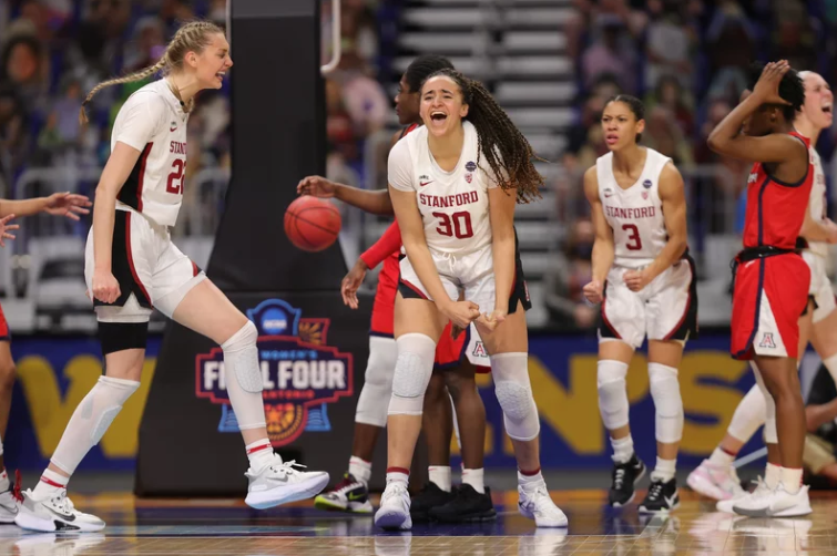 Stanford guard Haley Jones Celebrates a basket in the 2021 national championship game
