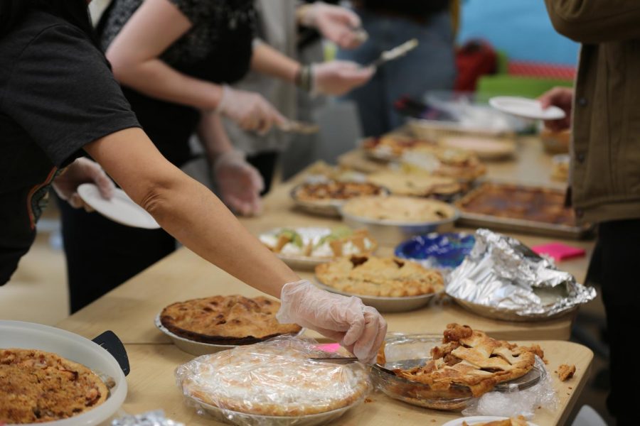 Homemade pies made by students and teachers await judging.
