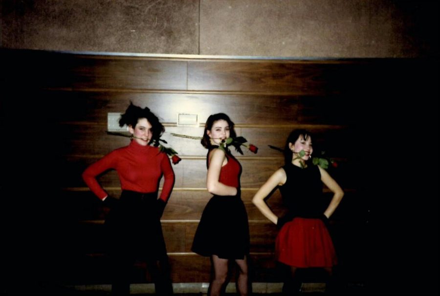 (From left to right) Donna Eis, Lara Phillips, and Rachel DeWoskin pose in a hallway outside the Craft Theater. This photo was taken fresh off their senior-year production of 'Little Shop of Horrors', in 1990. 
