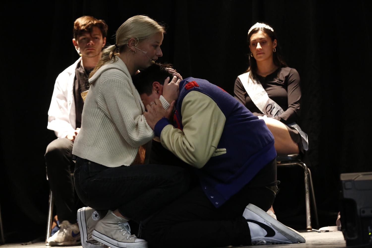 Diego Rodríguez plays an opioid addict in an emotional scene on the start of recovery. He is a main character in a new musical “Painless” about opioid addiction that Becky Brent’s health class saw yesterday in the Craft Theater. “[He] took pride in being an athlete, and when [he] lost that, [he] kind of lost everything,” Rodríguez said.