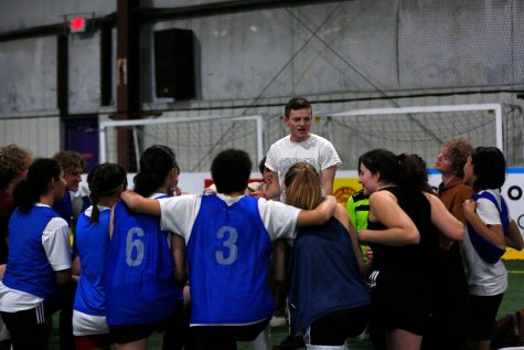 Kevin Dutton rallies the team at halftime of the Lads game on Jan. 13, 2023. Dutton played soccer for six years, but switched to a different sport four years ago. It felt good to be back on the pitch, Dutton said. It made me realize how much Ive missed soccer.