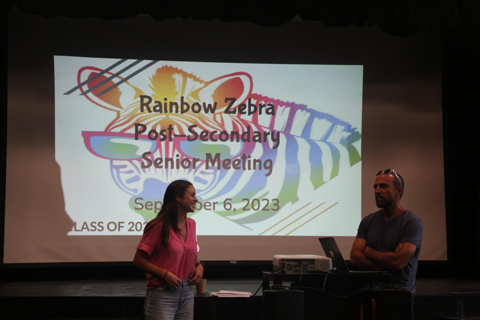 CHS Counselors Brian Williams and Kelly Maveal present to the class of 2024 in the first senior meeting of this year.