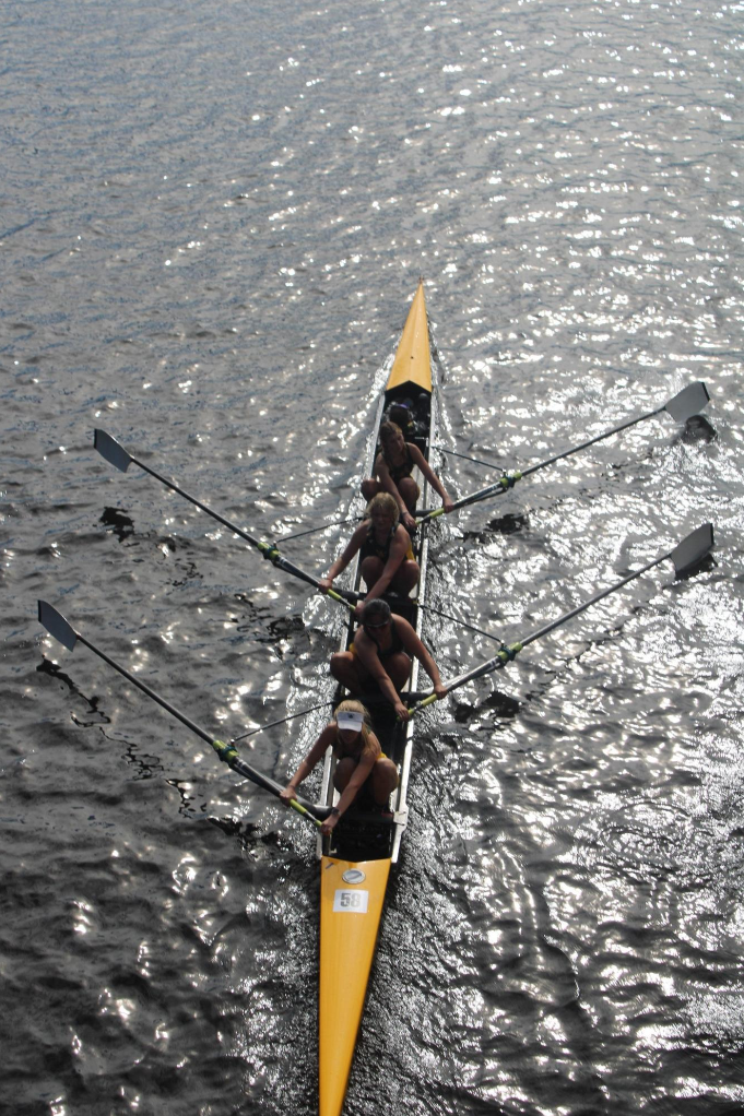 Huron Rowing Association (HRA) Youth Women 4+ racing down the Charles on Oct. 22, 2023. They didn’t qualify by a small margin.“We got there 0.2 seconds behind,” Eloise MacDougald said. “I think we could have pushed a little bit more at the front.”