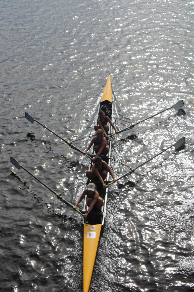 Huron Rowing Association (HRA) Youth Women 4+ racing down the Charles on Oct. 22, 2023. They didn’t qualify by a small margin.“We got there 0.2 seconds behind,” Eloise MacDougald said. “I think we could have pushed a little bit more at the front.”