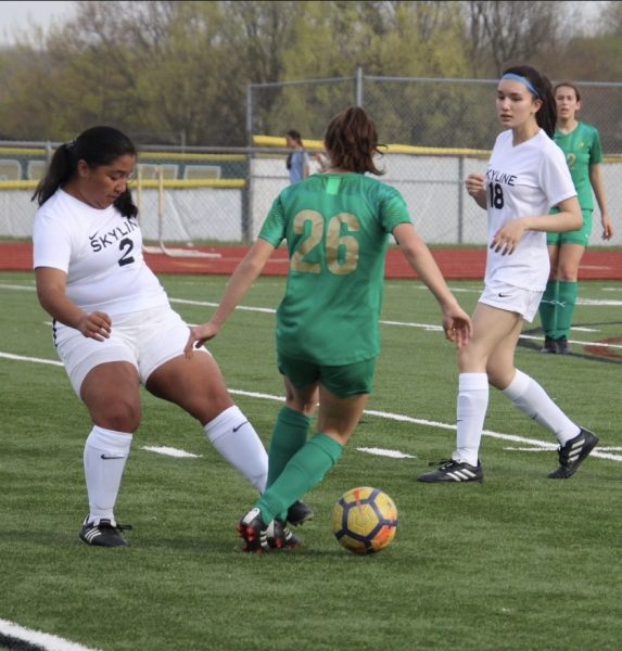Pao Eagle, No. 2 defends during a Skyline Soccer Game last spring. Eagle is excited to get back on the field in a Skyline jersey. 