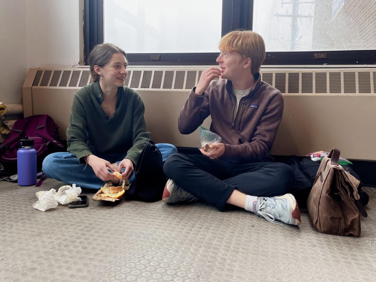 April - Nina Beals and Gustaf Finn eat their lunch in the stairwell after taking the PSAT. Beals enjoyed having that time to recover from all the stress the test brought her and to mentally prepare for the rest of the day. The PSAT was really bad, Beals said. I didnt study at all, and I think it showed. It wasnt a great experience, but Im glad I got everything done.