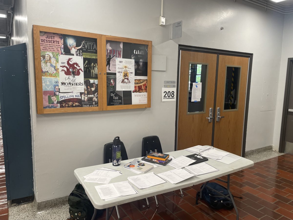 The doors of the Craft Theater, where CET auditions are held, await. Jules Gates, the stage manager for this play, sat at the table outside the Craft Theater, assisting actors before their audition. “[To people about to audition] I would say it’s impossible not to be nervous, but do your best,” Gates said. “The easy breezier you are, the better it’s goning to feel and the better you’re going to come across, because Emily [the CET director] knows it’s going to be kind of nerve wracking. But if you come across as really chill about it, she knows that you’re going to be like that on stage, which is what she’s looking for.”