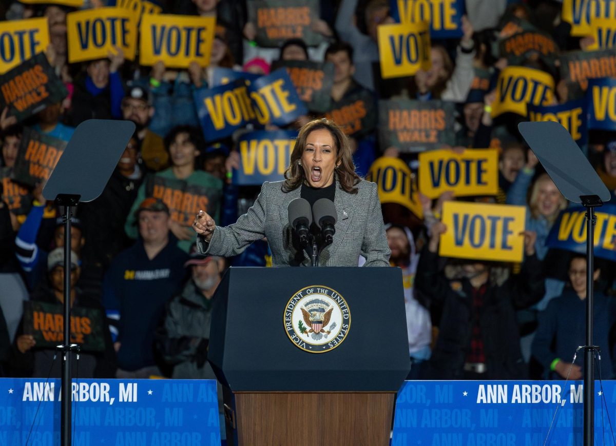 Kamala Harris speaks to a spirited crowd at her "When We Vote, We Win" rally in Ann Arbor, Michigan, on October 28, 2024. Harris passionately called for voter participation, urging the audience to take action and make their voices heard in the upcoming election.

