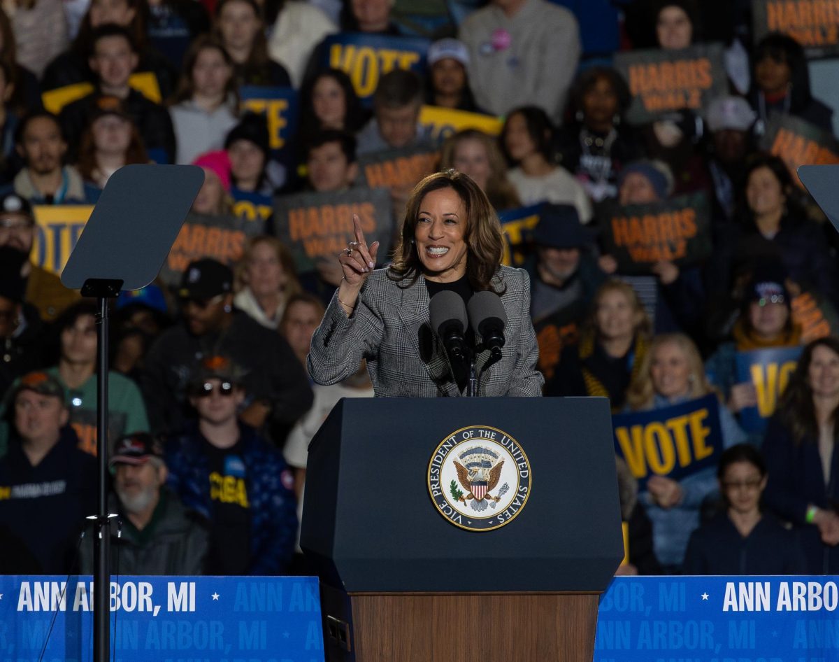 Kamala Harris laughs during her speech.