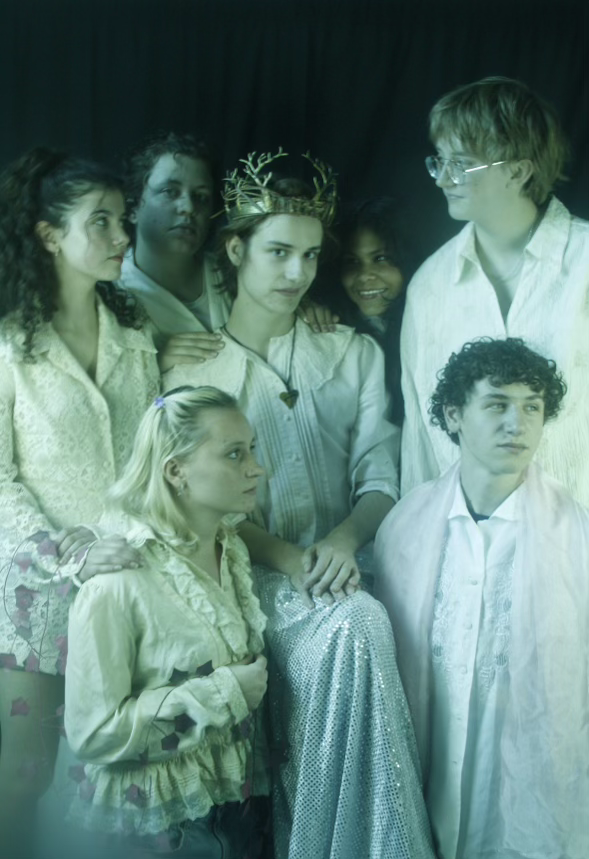 Toula Greenawalt(far left), Maia Genisio(back left), Claire Lewis(front left), Luca Hinesman(front center), Jasmine Jennings(back right), Malcolm London(front right) and Gwen Galvin(far right) pose for CET's poster of "A Midsummer Nights' Dream."  