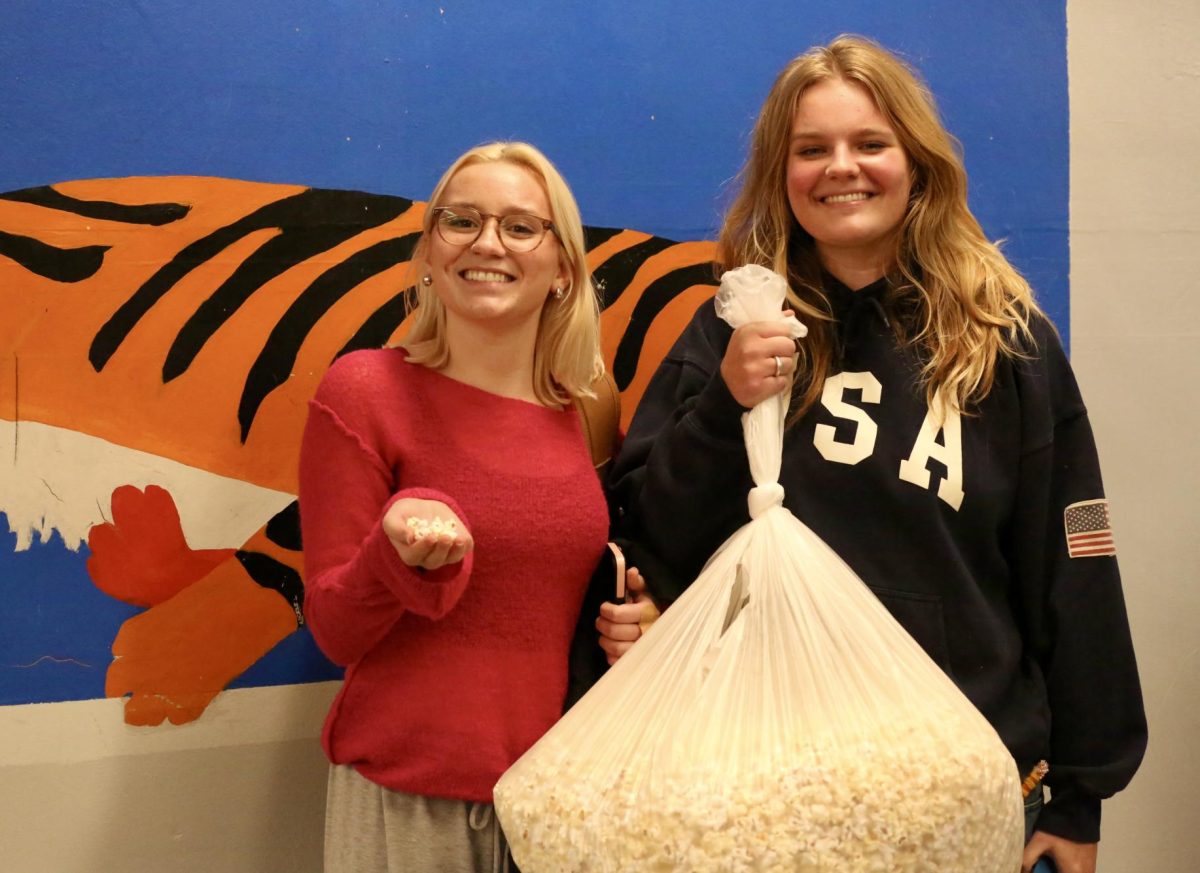 Claire Lewis and Eloise Macdouglad are popcorn fiens, you could say. When entering their fourth block Film Lit class, they were seen with a huge bag of popcorn. "Me and Eloise found this really big bag of popcorn on the side of the road right next to the state theater," Lewis said. "I wouldn’t really say we found it, it was more like it found us."