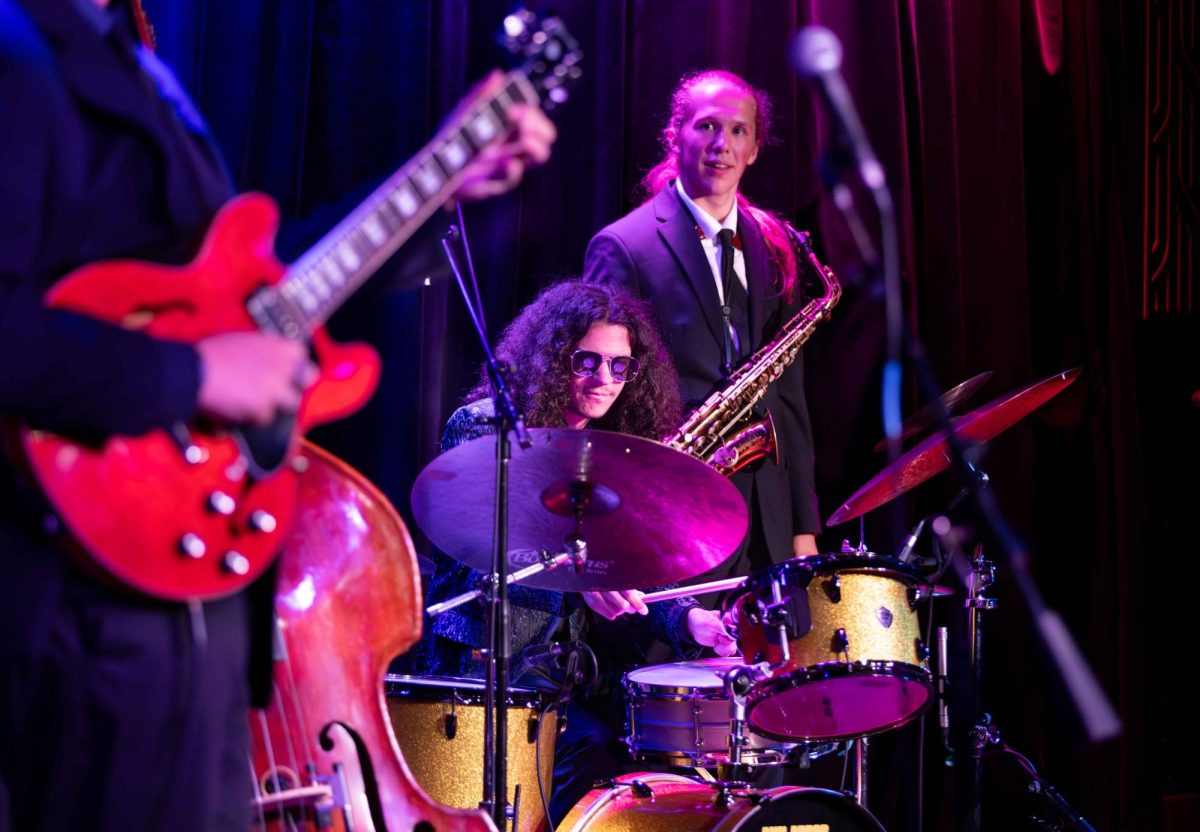 Cameron Payne plays drums at his final jazz concert. He will go on to study jazz drums at University of Michigan in the fall. Payne was wearing his ionic sunglasses which is a trope he began introducing at his shows earlier in the semester.