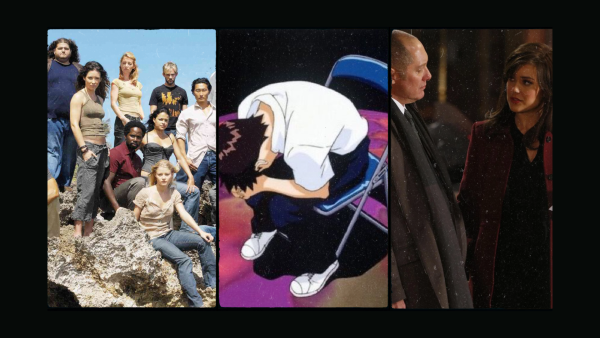 Images from Lost (ABC Studios/Bad Robot Productions), Neon Genesis Evangelion (Gainax/Tv Tokyo), and The Blacklist (Sony Pictures Television / Davis Entertainment)