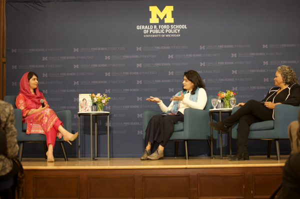 Malala Yousafzai (left), sits in conversation with Madhumita Lahiri (middle), associate professor in the Department of English Language and Literature and former Director of the Center for South Asian Studies, and ambassador Susan D. Page (right), the director of the Weiser Diplomacy Center at the Ford School of Public Policy.