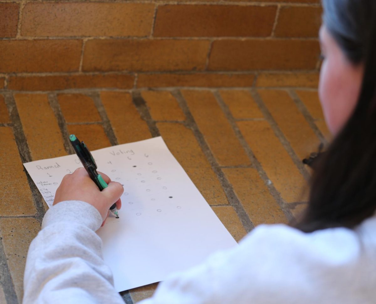 Avery Mayer fills out a ranked choice voting form. The form was an example of what a ranked choice voting sheet looks like. "I have just recently started hearing about ranked choice voting, and it’s really interesting to me," Mayer said. "I like the concept of every person's vote counting, even if their top choice didn't win the election."