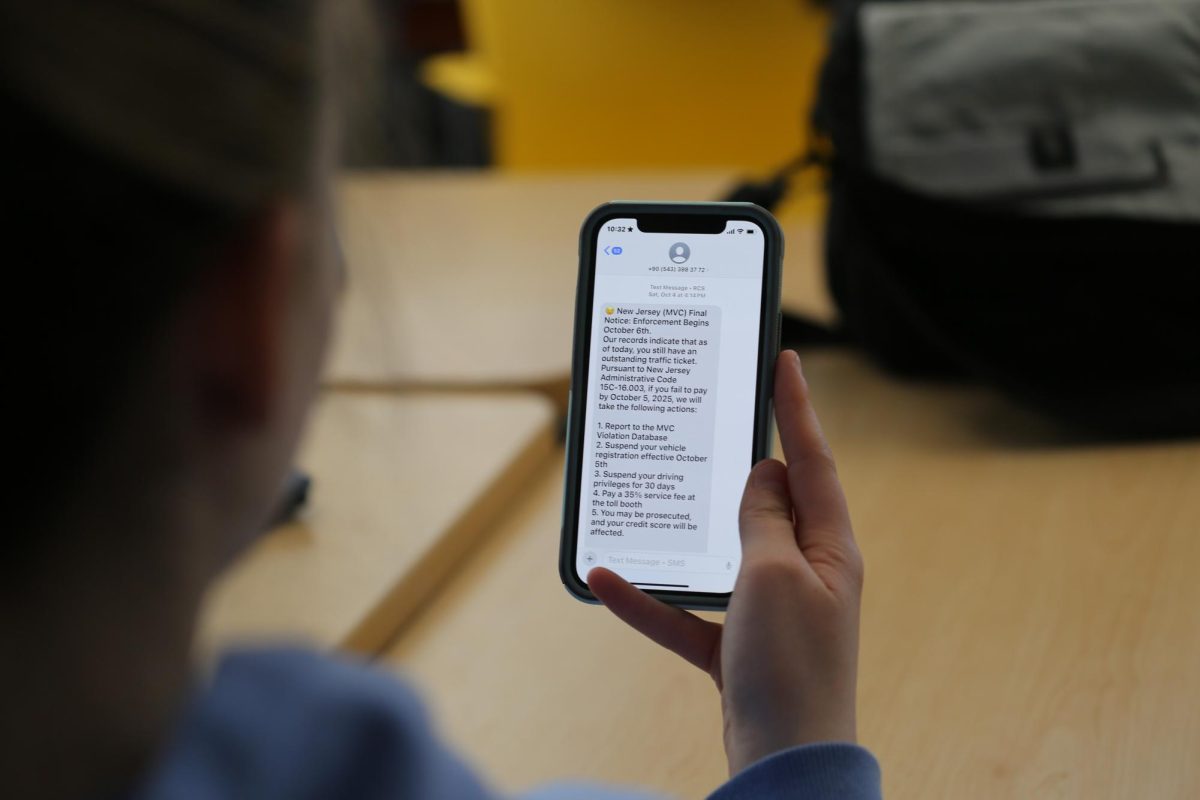 Andrea Skerlos examines a scam text she got about a week ago.