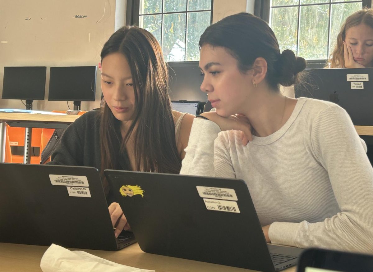 Caitlin Cho and Autumn George work together in room 300. Their plan for their work had changed so they were adapting to the new situation. "So instead we thought of getting the student body and Community's take on what happened," Cho said. "And that it would be an even better idea."