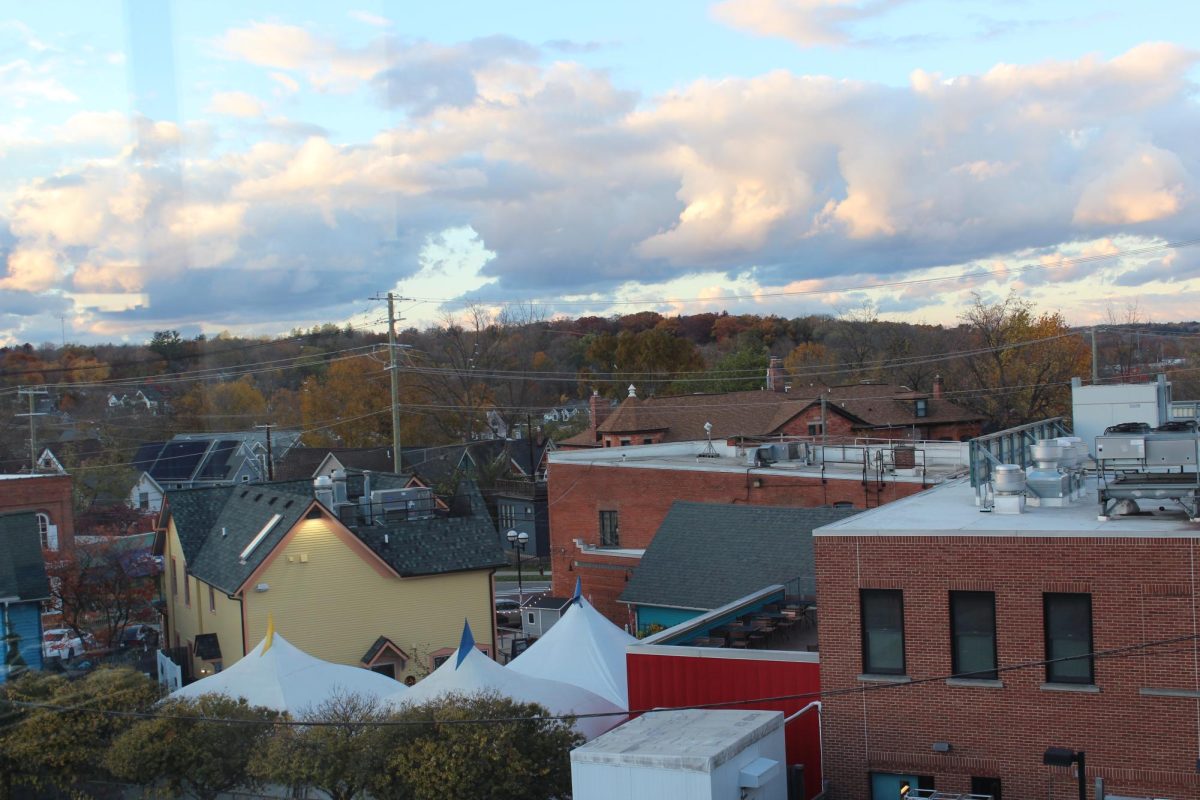 Buildings in Ann Arbor in behind Community High School and Kerrytown. 